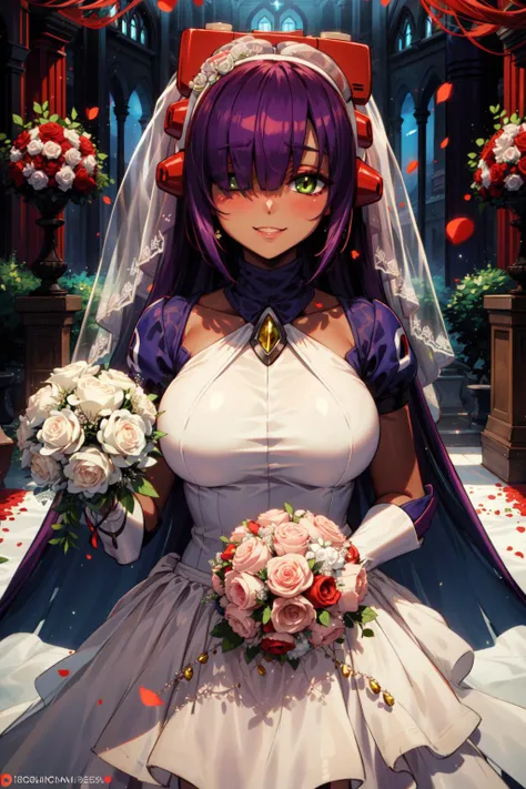 masterpiece,best quality,highres,1girl,layer_megamanx,long hair,purple hair,green eyes,(blunt bangs),((hair over eyes)),large breasts,dark skin,dark-skinned female,android,((wedding dress,bridal veil)),shy smile,<lora:Layer_MegaMan_X_V:0.9>,