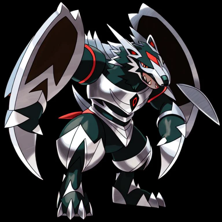 (masterpiece:1.2), (best quality:1.2), pokemon, steel and dark types, powerful, wolf, masterpiece, high quality, best quality, high-definition, ultra-detailed, black background <lora:fakemonPokMonLORA_v10Beta:0.5>