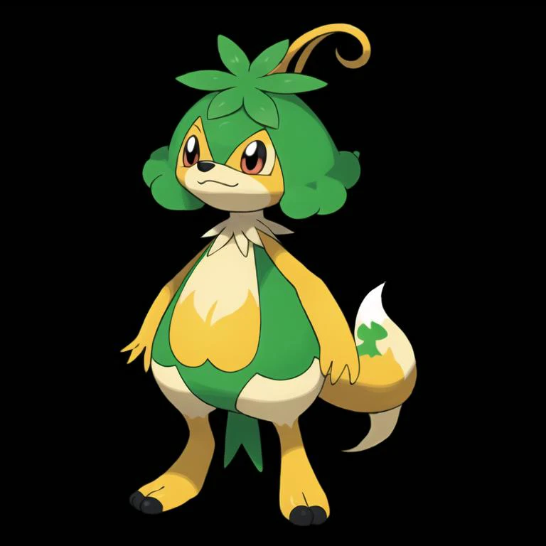 pokemon, water and grass types, fox, cute, masterpiece, high quality, best quality, high-definition, ultra-detailed, black background, <lora:pokemon:0.5>