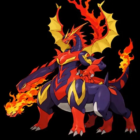 pokemon, fire and dragon types, majestic, impressive, masterpiece, high quality, best quality, high-definition, ultra-detailed, black background <lora:fakemonPokMonLORA_v10Beta:0.5>