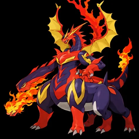 pokemon, fire and dragon types, majestic, impressive, masterpiece, high quality, best quality, high-definition, ultra-detailed, black background <lora:fakemonPokMonLORA_v10Beta:0.5>