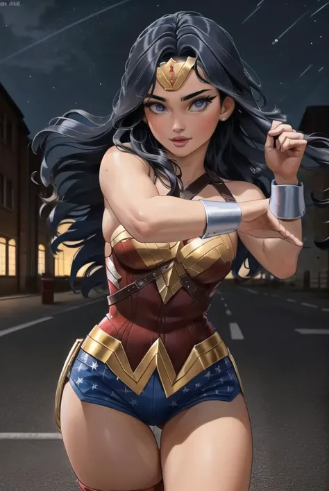 Realistic, Natural Beauty, Masterpiece, Hailee Steinfeld, Perfectly Accurate Face Proportion, Realistic Light Blue Eyes, Thick Eyebrows, Wonder Woman, Wonder Woman Tiara, Curve Wide Hips, Round Ass, Toned Thighs, Toned Arms, Grin On Her Face, Wonder Woman stands firmly with her shield in front. The tight suit outlines her powerful legs and the rounded shape of her buttocks. Her defensive posture, with one hand ready to draw her lasso, accentuates the snug fit of her suit, drawing attention to her athletic physique. Back view 