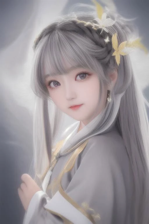 girl, with a saintly appearance, with gray hair with dark highlights, bright golden eyes