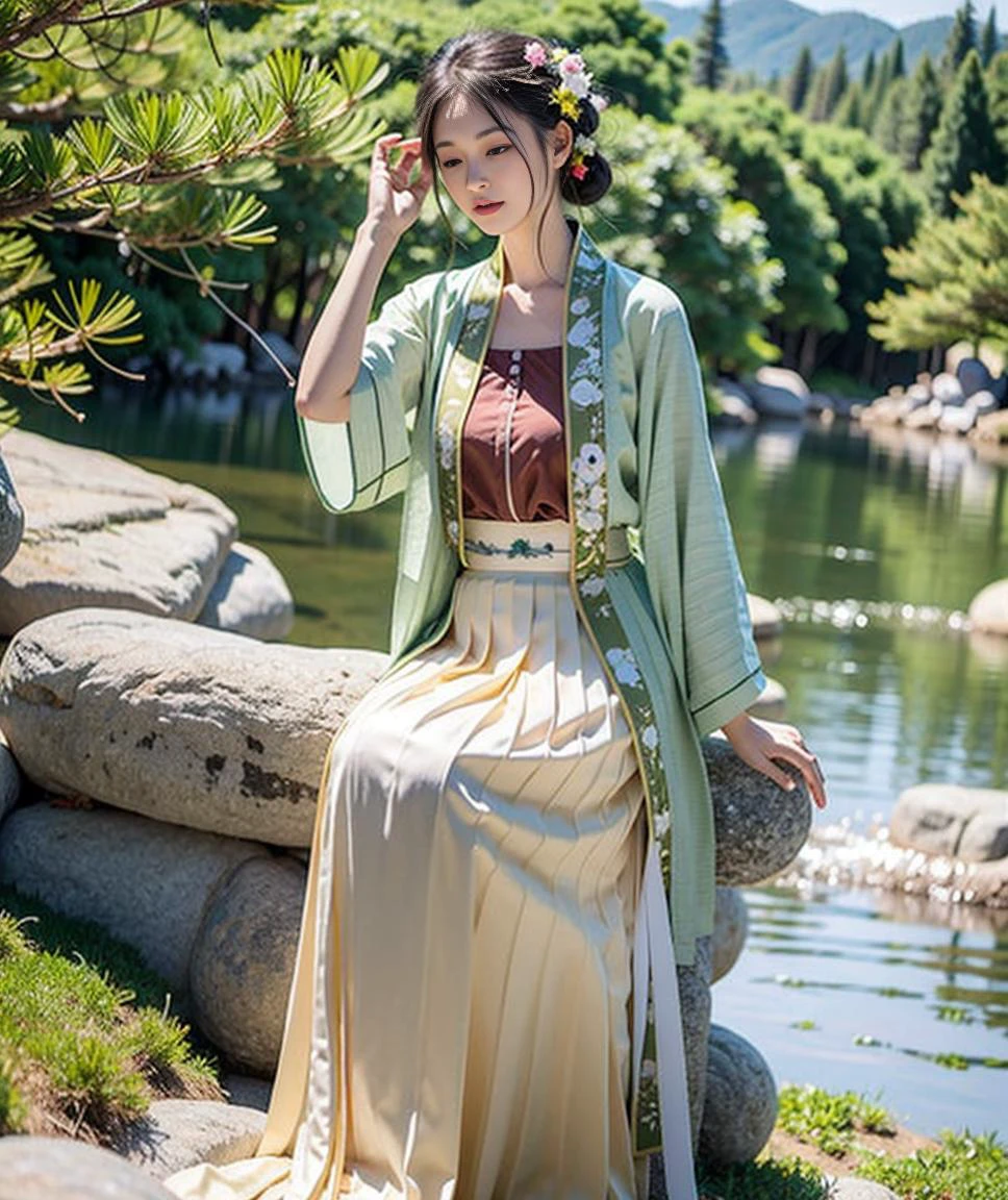 masterpiece, highres, best quality, 1girl solo, sitting,countless waterfalls flowing down from the mountains, pine trees and flowering trees, hanfu, song style outfits, light green short shan, white golden pleated skirt, red songmo