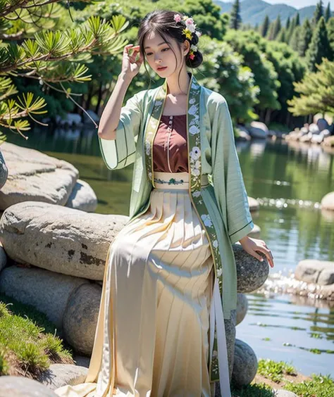 masterpiece, highres, best quality, 1girl solo, sitting,countless waterfalls flowing down from the mountains, pine trees and flowering trees, hanfu, song style outfits,  light green short shan, white golden pleated skirt, red songmo