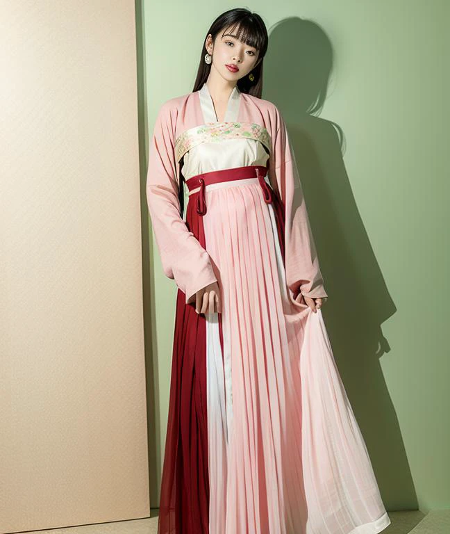 masterpiece, best quality,realistic, (color pigment (background wall)), 1girl, hanfu, tang style outfits, pink upper shan, red chest pleated skirt