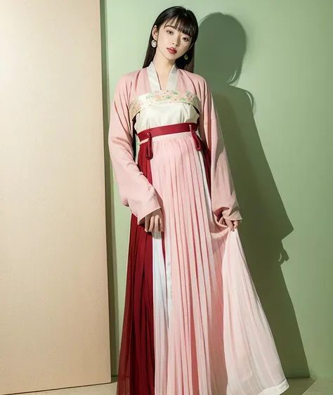 masterpiece, best quality,realistic, (color pigment (background wall)),  1girl, hanfu, tang style outfits, pink upper shan, red chest pleated skirt