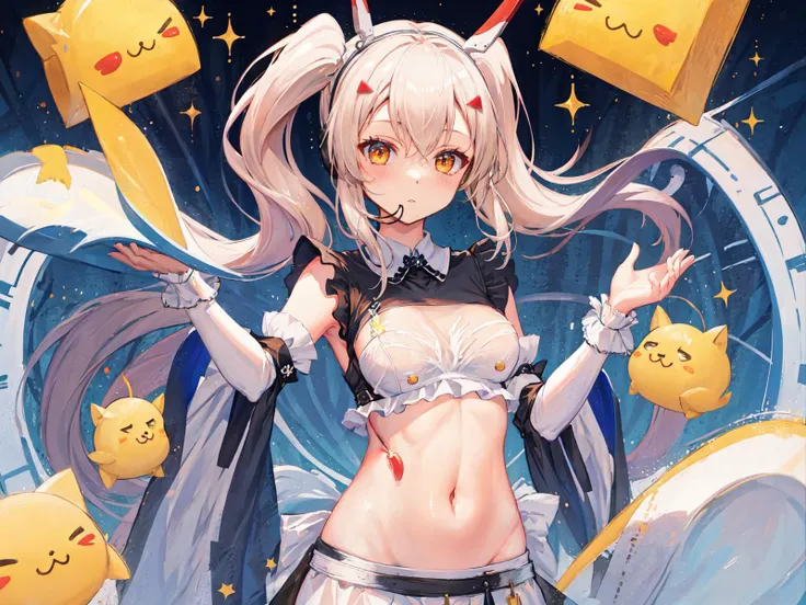 masterpiece, best quality, solo, <lora:aya6-3:1>, maid, navel, twintails, cute, maid headdress,
