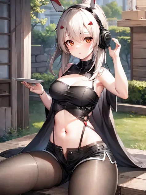 masterpiece, best quality, <lora:aya2-3:1>, silver hair, rock, shorts, black pantyhose, navel, 1girl, solo,