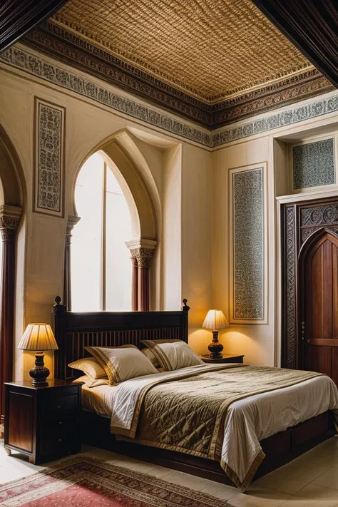 RAW photo,
 <lora:dreamlookai_realistic-vision-v3-0_lora_step_1200_db_f54fd103_ckp_576e7d9c:1> photo of luxury-arabic-1979 bedroom, <lora:add_detail:0.4>, <lora:epi_noiseoffset2:1>, 8k, uhd, high quality, film grain, Fujifilm XT3