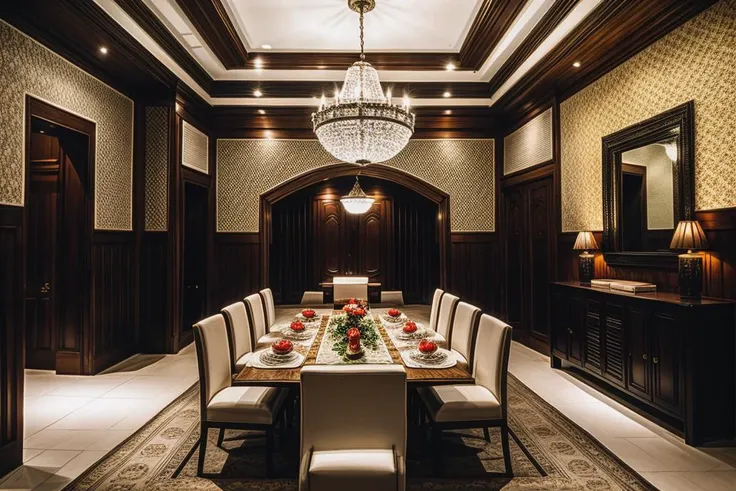 RAW photo,
 <lora:dreamlookai_realistic-vision-v3-0_lora_step_1200_db_f54fd103_ckp_576e7d9c:1> photo of luxury-arabic-1979 dinning room, <lora:add_detail:0.4>, <lora:epi_noiseoffset2:1>, 8k, uhd, high quality, film grain, Fujifilm XT3