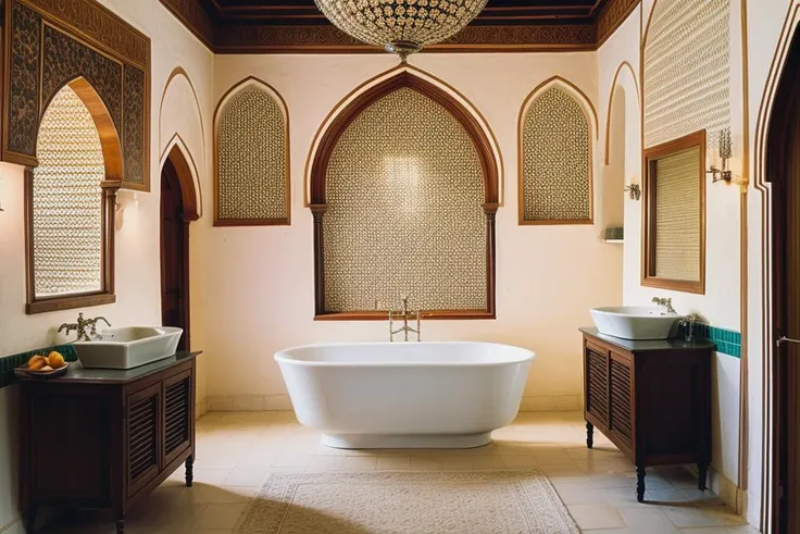RAW photo,
 <lora:dreamlookai_realistic-vision-v3-0_lora_step_1200_db_f54fd103_ckp_576e7d9c:1> photo of luxury-arabic-1979 bathroom, <lora:add_detail:0.4>, <lora:epi_noiseoffset2:1>, 8k, uhd, high quality, film grain, Fujifilm XT3