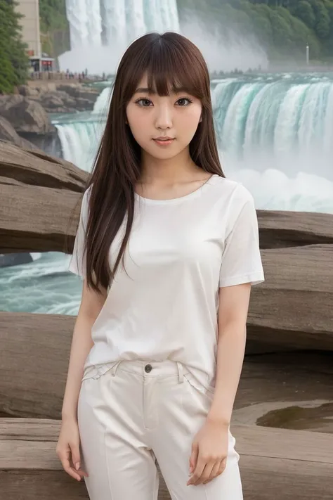 <lora:ai_takanashi_obj20:0.6 >, full_body, standing, sandals, (shirt), pants, (niagara falls), (ai_takanashi: 1.1), perfect face, (contact iris: 1.1), pale skin, skin pores , depth of field