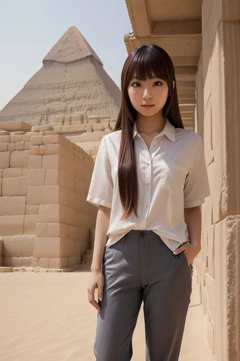 <lora:sora_izumi_obj20:0.7>, full_body, standing, sandals, (shirt), pants, (egyptian pyramids), (sora_izumi: 1.2), perfect face, (contact iris: 1.1), pale skin, skin pores , depth of field