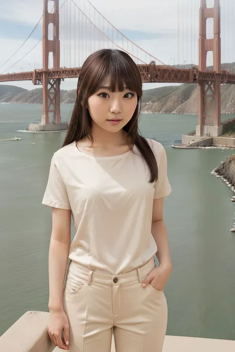 <lora:ai_takanashi_obj20:0.6 >, full_body, standing, sandals, (shirt), pants, (golden gate bridge), (ai_takanashi: 1.1), perfect face, (contact iris: 1.1), pale skin, skin pores , depth of field