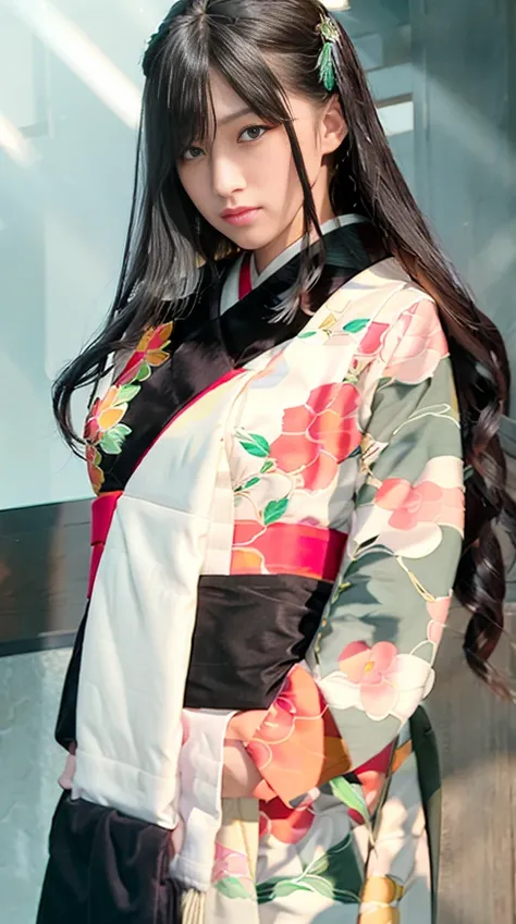 best quality, photorealistic, masterpiece, 8k, high res, solo, 1girl, (((woman))), (large breast), ((looking at the viewer)), (looking at the camera), (long hair), (professional lighting, bokeh),low angle view, extremely detailed face, fashionable and trendy atmosphere, japan, street, shibuya101, ((daytime)), (kimono :1.6), (portrait:0.6), seductive smile, gorgeous, floating hair, (light particles, lens flare, glowing particles:0.6), (dynamic pose:1.2), soft lighting, black hair, full body, standing, long leg, <lora:AV_takasho:1>