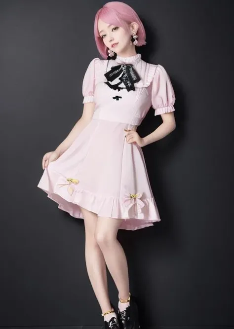 ãã¹ã¿ã¼ãã¼ã 1girl, <lora:minedress2:0.7>,minedress2,sky,full body, pink hair, earrings, yellow background, <lora:BarbieCore:0.8> BarbieCore