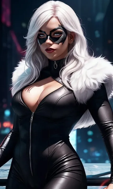 felhardy2023, 1 girl, uhd, best quality, masterpiece, dramatic lighting, white hair, toned, vibrant colors, photorealistic, black bodysuit, white fur collar, domino mask, long hair, claws, cleavage,