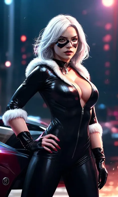 felhardy2023, 1 girl, uhd, best quality, masterpiece, dramatic lighting, white hair, toned, vibrant colors, photorealistic, black bodysuit, white fur collar, domino mask, long hair,  claws, cleavage,