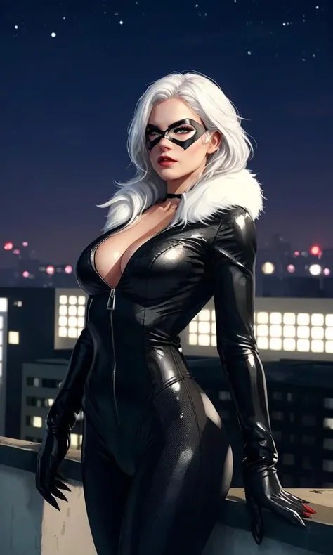 felhardy2023, 1 girl, uhd, best quality, masterpiece, cinematic lighting, white hair, toned, vibrant colors, photorealistic, black bodysuit, white fur, eye mask, long hair, claws, cleavage, gloves, green eyes, raw image, skin pores, standing on rooftop, surrounded by cats, night, noir
