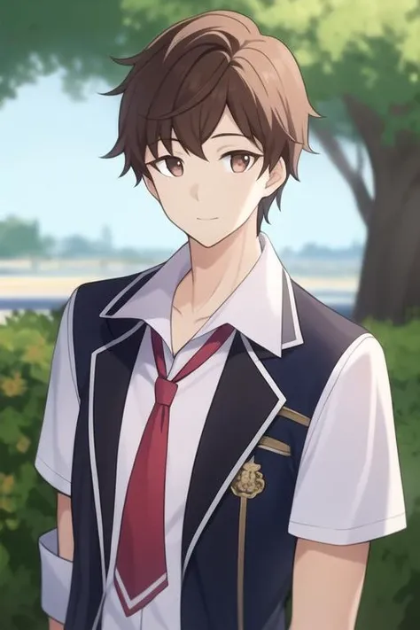 masterpiece, best quality, high quality, 1boy, solo, male focus, looking at viewer, upper body, <lora:tony_freed:0.76>, tony_freed, brown hair, brown eyes, , school uniform