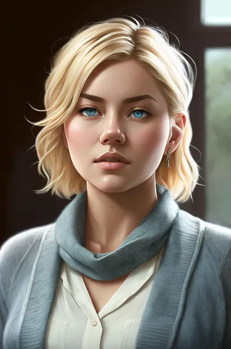 photo of blonde (KimBauer:0.99), Wearing a beige cardigan with a floral scarf., (extremely detailed CG unity 8k wallpaper), photo of the most beautiful artwork in the world, professional majestic oil painting by Ed Blinkey, Atey Ghailan, Studio Ghibli, by Jeremy Mann, Greg Manchess, Antonio Moro, trending on ArtStation, trending on CGSociety, Intricate, High Detail, Sharp focus, dramatic, photorealistic painting art by midjourney and greg rutkowski, (looking at viewer), (detailed pupils:1.1), (blue eyes:1.2)