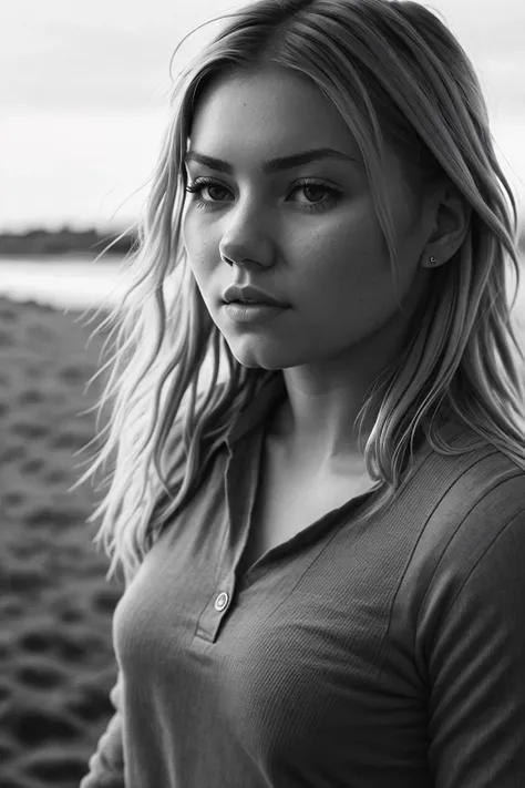 RAW photo of (KimBauer:0.99) Wearing band uniform, face, half body, body, high detailed skin, skin pores, coastline, overcast weather, wind, waves, 8k uhd, dslr, soft lighting, high quality, film grain, Fujifilm XT3<lora:epiNoiseoffset_v2Pynoise:1.0>