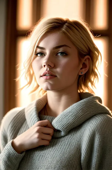 RAW photo of (KimBauer:0.99) Wearing a pastel-colored sweater with a plaid scarf and skinny jeans., face, half body, body, high detailed skin, skin pores, 8k uhd, dslr, soft lighting, high quality, film grain, Fujifilm XT3