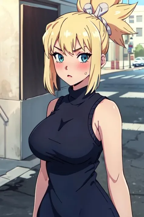 masterpiece,best quality,highres,1girl,solo,blush,big breasts,hair_band blue,black sweater dress,black virgin killer sweater,sleeveless,bare arms,street,looking at the viewer, <lora:Kohaku:0.8>,pikkykohaku,ponytail, blonde