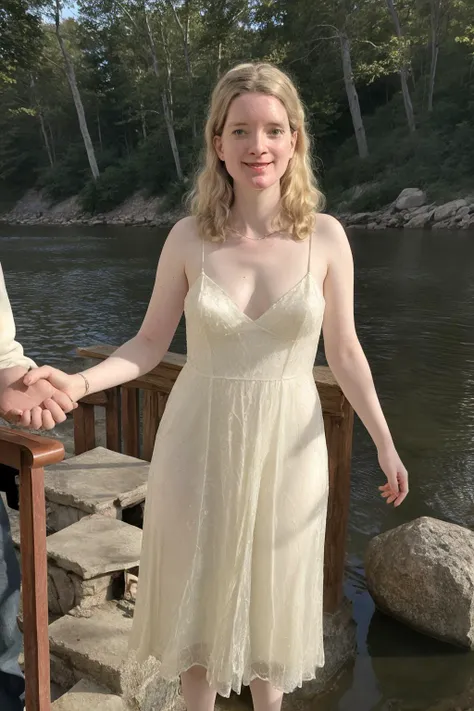 candid full grain, solo,  photo of one woman with pale (slim body:1.1) large full breasts with real life skin pale skin with blonde long hair with ring on finger cleavage cutout rust cream lipstick (looking at camera:1.1), (nsfw:1), pose, sexy walk, clear face, front light, look at viewer, big warm grin, wearing a tight purple short dress standing on a stone staircase by water, posing for a picture, natfran <lora:NatalieFrancis-v5:0.8>