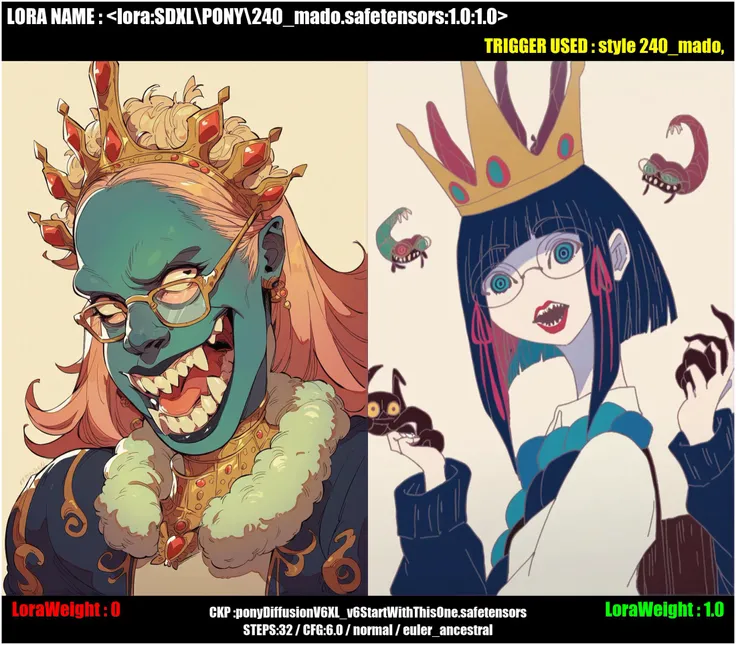 (score_9,score_8_up,score_7_up),style 240_mado,,1girl, long_hair, open_mouth, skirt, simple_background, white_background, jewelry, glasses, teeth, black_eyes, crown, lipstick, monster,flat color, (long neck:0.35),