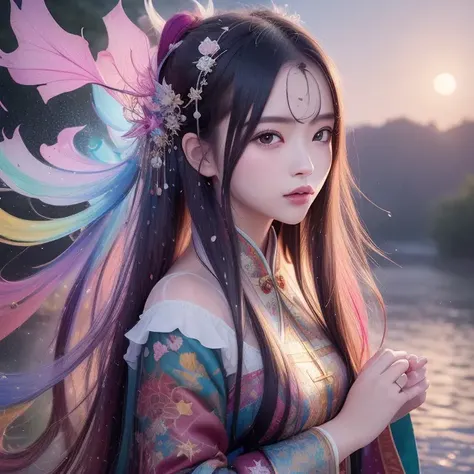 (8k, RAW photo:1.2),best quality, ultra high res,dramatic angle,(fluttered detailed color splashs), (illustration),(((1 girl))),(long hair),(rain:0.9),(hair ornament:1.4),there is an ancient palace beside the girl,chinese clothes,(focus on), color Ink wash painting,(color splashing),colorful splashing,(((colorful))),(sketch:0.8), Masterpiece,best quality, beautifully painted,highly detailed,(denoising:0.6),[splash ink],((ink refraction)), (beautiful detailed sky),moon,highly,detaild,(masterpiece, best quality, extremely detailed CG unity 8k wallpaper,masterpiece, best quality, ultra-detailed),(Lycoris radiata), <lora:GuoFeng3_Fix-non-ema-bf16:0.8>, 
 <lora:goddess_20230423:0.75>