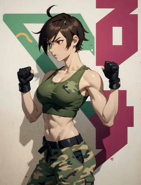 justice_gakuen, street_fighter, street_fighter_v, kazama_akira, noppo_ (tarstation), 1girl, ahoge, black_gloves, black_pants, bob_cut, breasts, brown_eyes, brown_hair, camouflage_tank_top, from_side, gloves, graffiti, green_tank_top, medium_breasts, pants, short_hair, solo, tank_top, tomboy, toned, <lora:tomboi:1>