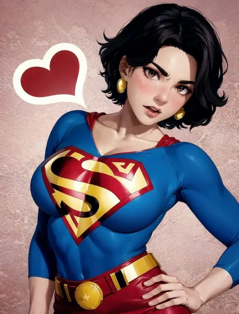 dc_comics, my_adventures_with_superman, superman_ (series), lois_lane, creamboyo, 1girl, black_hair, blush, breasts, brown_eyes, clothes_lift, dark-skinned_female, dark_skin, earrings, english_text, full_body, heart, jewelry, medium_breasts, nipples, shirt_lift, short_hair, solo, speech_bubble, stud_earrings, tomboy, topless, <lora:tomboi:1>