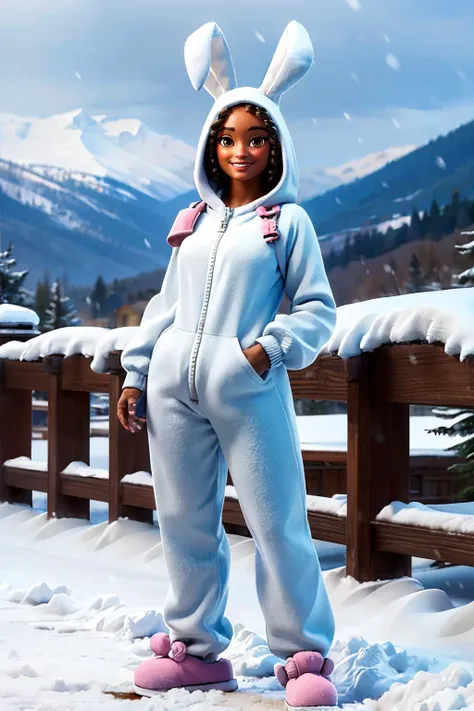 luna, dark skin, brown eyes, bunny onesie, slippers, looking at viewer, smiling, standing, full body shot,  outside, mountain, snow, snowing, overcast, distant city, high quality, masterpiece, <lora:Bunny BrawlerLunaLoRA:.8>