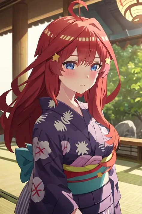 best quality, masterpiece, highres, solo, {yukata:1.40}, {kimono:1.20}, {nakano_itsuki_gotoubunnohanayome:1.15}, long_hair, red_hair, hair_ornament, star_\(symbol\), star_hair_ornament, bangs, blue_eyes, ahoge, blush, hair_between_eyes, closed_mouth, shiny_hair