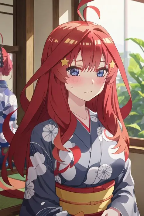 best quality, masterpiece, highres, solo, {nakano_itsuki_gotoubunnohanayome:1.15}, long_hair, red_hair, hair_ornament, star_\(symbol\), star_hair_ornament, bangs, blue_eyes, ahoge, blush, hair_between_eyes, closed_mouth, shiny_hair, 1girl, japanese_clothes, kimono, open_mouth, yukata, looking_at_viewer, sweatdrop