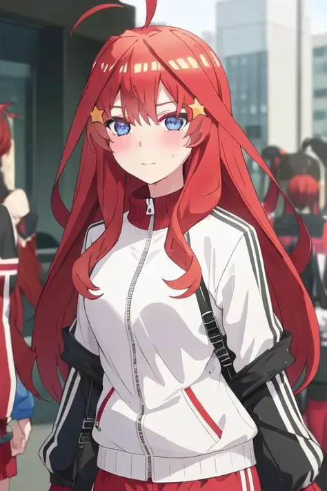 best quality, masterpiece, highres, solo, {nakano_itsuki_gotoubunnohanayome:1.15}, long_hair, red_hair, hair_ornament, star_\(symbol\), star_hair_ornament, bangs, blue_eyes, ahoge, blush, hair_between_eyes, closed_mouth, shiny_hair, 2girls, multiple_girls, solo_focus, outdoors, track_jacket