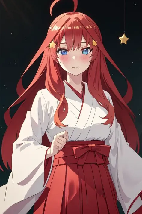 best quality, masterpiece, highres, solo, {white kimono:1.35}, {red hakama:1.35}, {wide sleeves:1.20}, {nakano_itsuki_gotoubunnohanayome:1.15}, long_hair, red_hair, hair_ornament, star_\(symbol\), star_hair_ornament, bangs, blue_eyes, ahoge, blush, hair_between_eyes, closed_mouth, shiny_hair