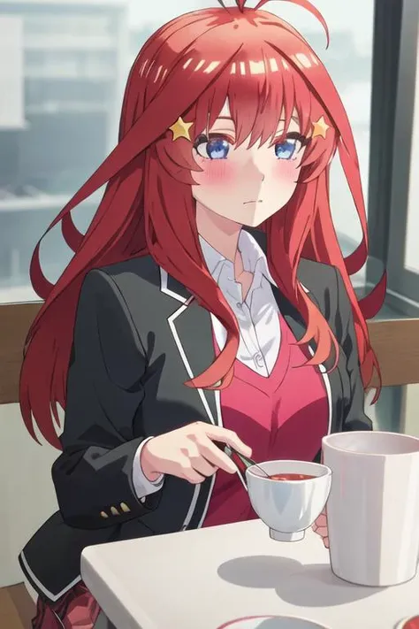 best quality, masterpiece, highres, solo, {nakano_itsuki_gotoubunnohanayome:1.15}, long_hair, red_hair, hair_ornament, star_\(symbol\), star_hair_ornament, bangs, blue_eyes, ahoge, blush, hair_between_eyes, closed_mouth, shiny_hair, 1girl, collared_shirt, jacket, shirt, white_shirt, upper_body, school_uniform, black_jacket
