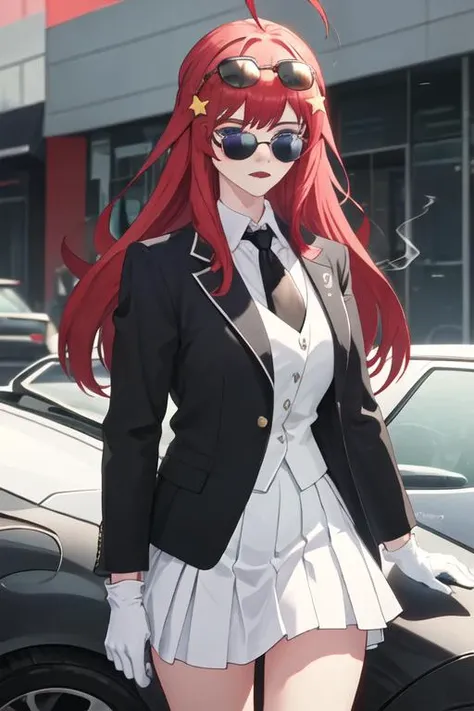 best quality, masterpiece, highres, solo, {black business suit:1.40}, {tie:1.20}, {sunglasses:1.25}, {white gloves:1.15}, {white shirt:1.10}, {black skirt:1.15}, {smoking:1.20}, handsome, {nakano_itsuki_gotoubunnohanayome:1.15}, long_hair, red_hair, hair_ornament, star_\(symbol\), star_hair_ornament, bangs, blue_eyes, ahoge, blush, hair_between_eyes, closed_mouth, shiny_hair