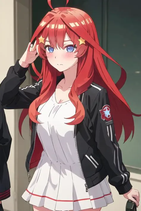 best quality, masterpiece, highres, solo, {nakano_itsuki_gotoubunnohanayome:1.15}, long_hair, red_hair, hair_ornament, star_\(symbol\), star_hair_ornament, bangs, blue_eyes, ahoge, blush, hair_between_eyes, closed_mouth, shiny_hair, 1girl, jacket, track_jacket, red_jacket, looking_at_viewer, upper_body