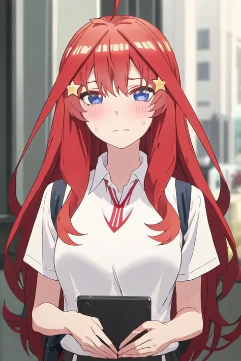 best quality, masterpiece, highres, solo, {nakano_itsuki_gotoubunnohanayome:1.15}, long_hair, red_hair, hair_ornament, star_\(symbol\), star_hair_ornament, bangs, blue_eyes, ahoge, blush, hair_between_eyes, closed_mouth, shiny_hair, 1girl, collared_shirt, shirt, white_shirt, sweatdrop, sweater_vest, looking_at_viewer, outdoors, portrait