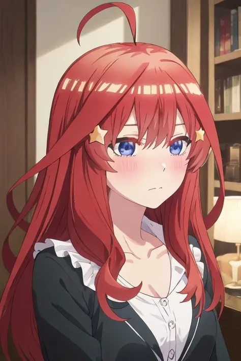 best quality, masterpiece, highres, solo, {nakano_itsuki_gotoubunnohanayome:1.15}, long_hair, red_hair, hair_ornament, star_\(symbol\), star_hair_ornament, bangs, blue_eyes, ahoge, blush, hair_between_eyes, closed_mouth, shiny_hair, 1girl, shiny, shirt, collarbone, upper_body, portrait
