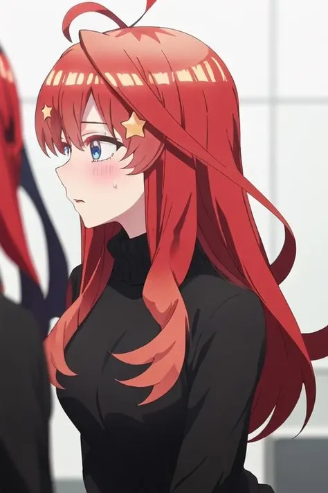 best quality, masterpiece, highres, solo, {nakano_itsuki_gotoubunnohanayome:1.15}, long_hair, red_hair, hair_ornament, star_\(symbol\), star_hair_ornament, bangs, blue_eyes, ahoge, blush, hair_between_eyes, closed_mouth, shiny_hair, 1girl, black_sweater, from_side, profile, shiny, sweater, turtleneck, upper_body, turtleneck_sweater, black_background, blurry, blurry_background, simple_background