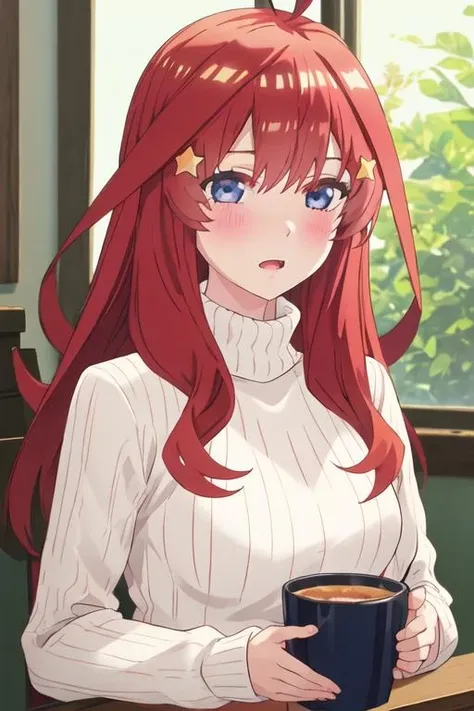 best quality, masterpiece, highres, solo, {nakano_itsuki_gotoubunnohanayome:1.15}, long_hair, red_hair, hair_ornament, star_\(symbol\), star_hair_ornament, bangs, blue_eyes, ahoge, blush, hair_between_eyes, closed_mouth, shiny_hair, 1girl, turtleneck, sweater, shiny, open_mouth, looking_at_viewer, turtleneck_sweater, ribbed_sweater, upper_body, yellow_sweater