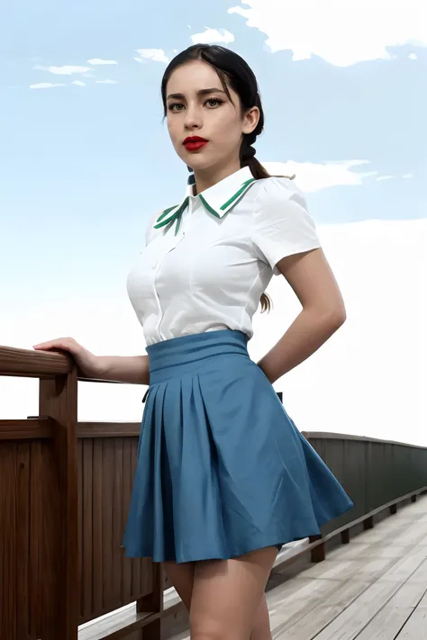 priscilla quintana, perfect smooth skin, (smooth skin), eyeliner, red lips, lipstick, light green eyes,
high waist skirt, suspeneder skirt, sailor collar, short sleeve, dark blueblue skirt,
(upper body), upper body, boardwalk background, HD, 4k,
<lora:PriscillaQuintana_(V1.2):0.8>