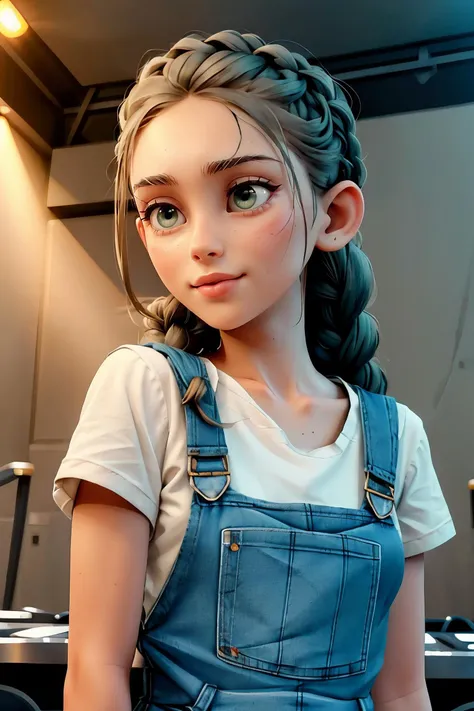 priscilla quintana, light green eyes, perfect skin, smooth skin, long hair, quad braids, 
denim overalls, white shirt, 
upper body, medium close-up, theater stage, bright lighting,
<lora:PriscillaQuintana_(V1.2):0.7>
