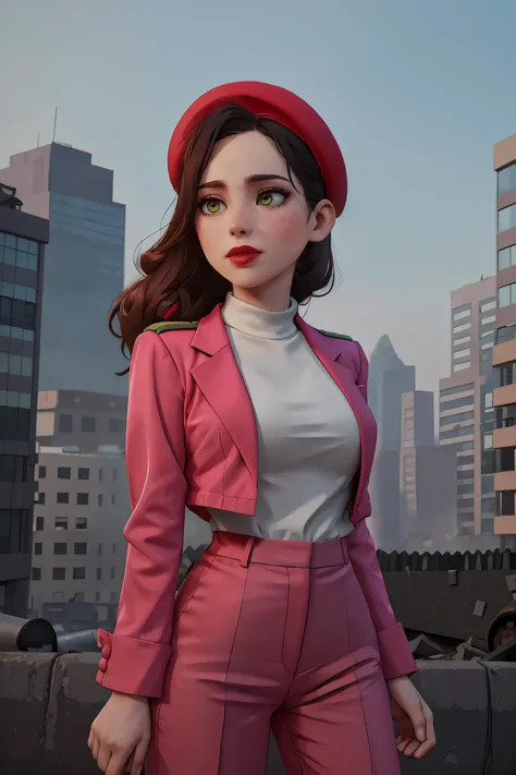 priscilla quintana, perfect smooth skin, (smooth skin), eyeliner, red lips, lipstick, light green eyes,
pants suit, pink pants suit, beret, pink beret,
(upper body), upper body, city background, city destroyed, city on fire, HD, 4k,
<lora:PriscillaQuintana_(V1.2):0.8>