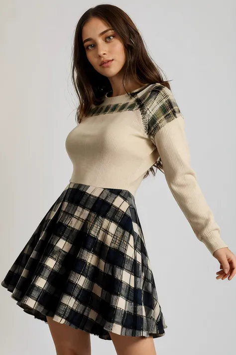 priscilla quintana, light green eyes, perfect skin, smooth skin, low tied long hair, brown hair,
cream sweater dress, wool dress top, plaid dress skirt,
full body, white backdrop with sparkles background, sparkling background, bright lighting, thinking,
<lora:PriscillaQuintana_(V1.2):0.7>